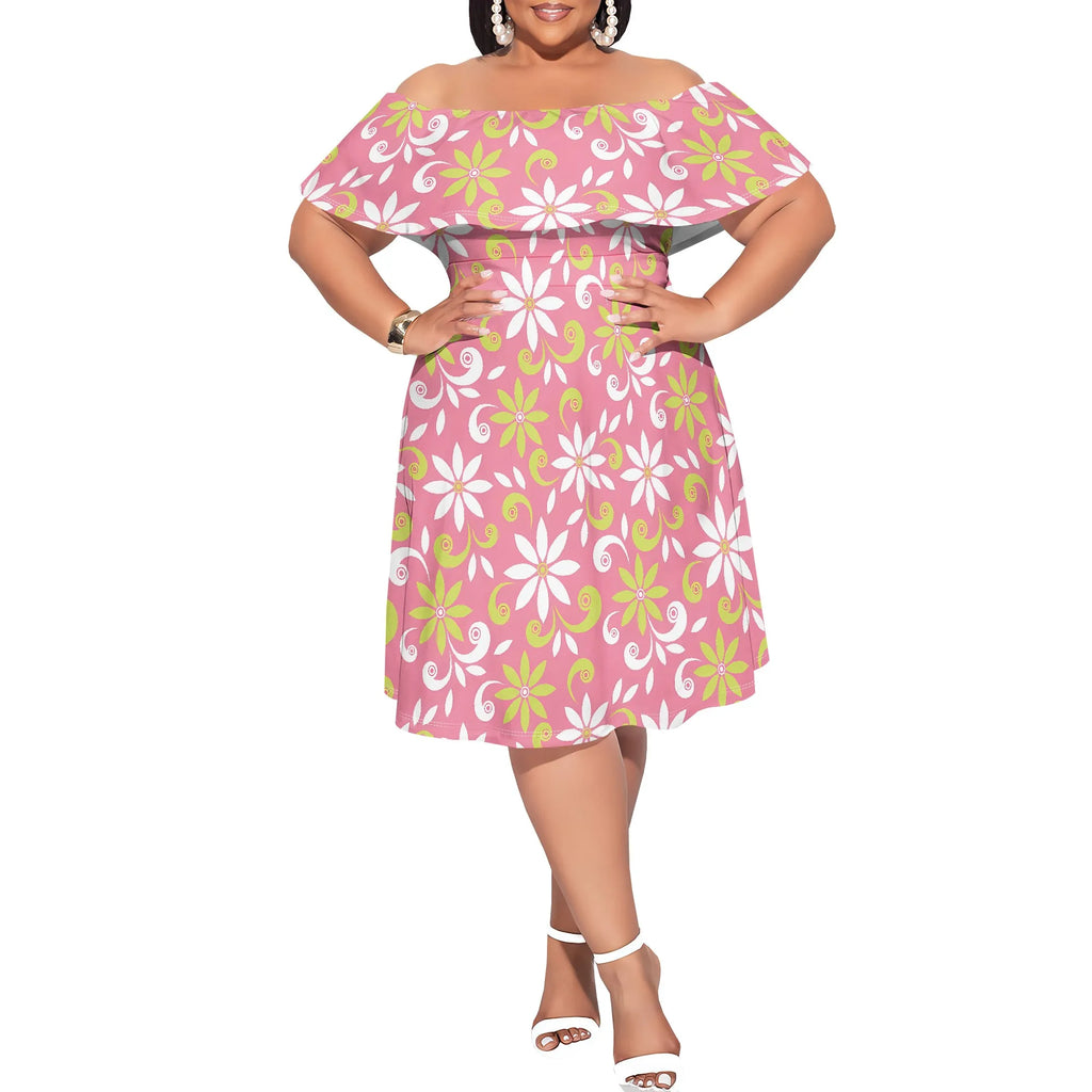 Plus Size Off Shoulder Ruffle Hem Dress Summer Yellow Abstract Floral Print Casual Holiday Look