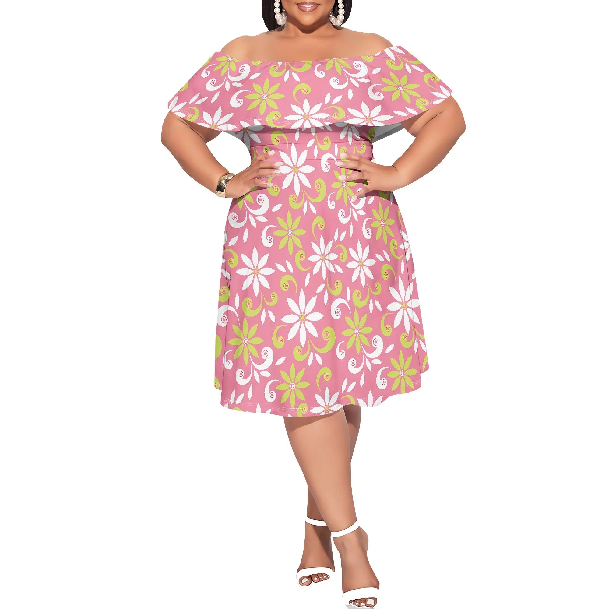 Plus Size Off Shoulder Ruffle Hem Dress Summer Yellow Abstract Floral Print Casual Holiday Look