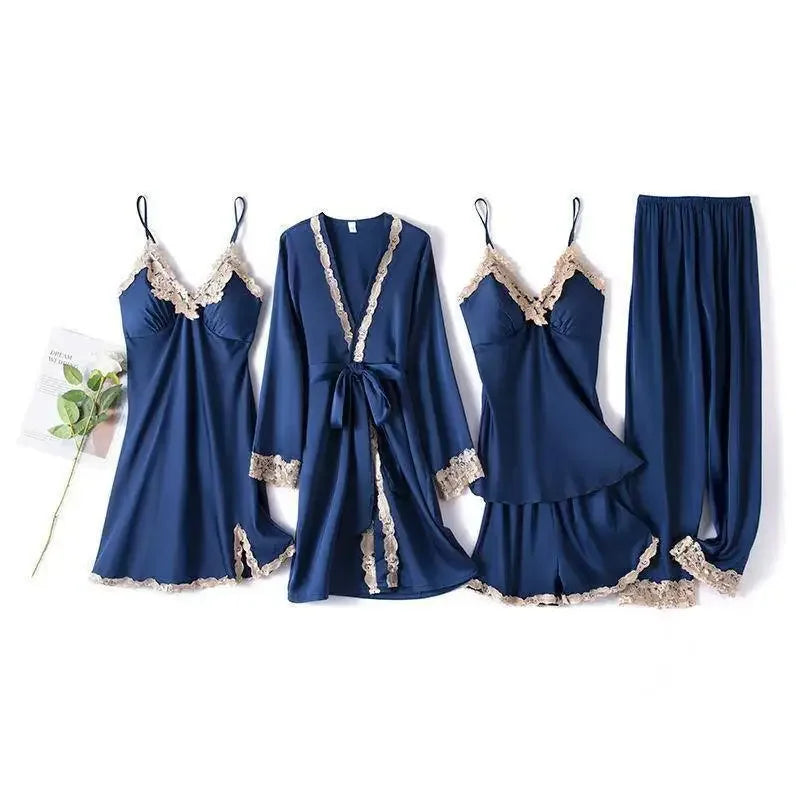 Pink Pajamas Sets Womens Strap Top Pants Sleepwear Suit Spring Autumn Home Wear Nightwear Kimono Robe Bath Gown M-XXL