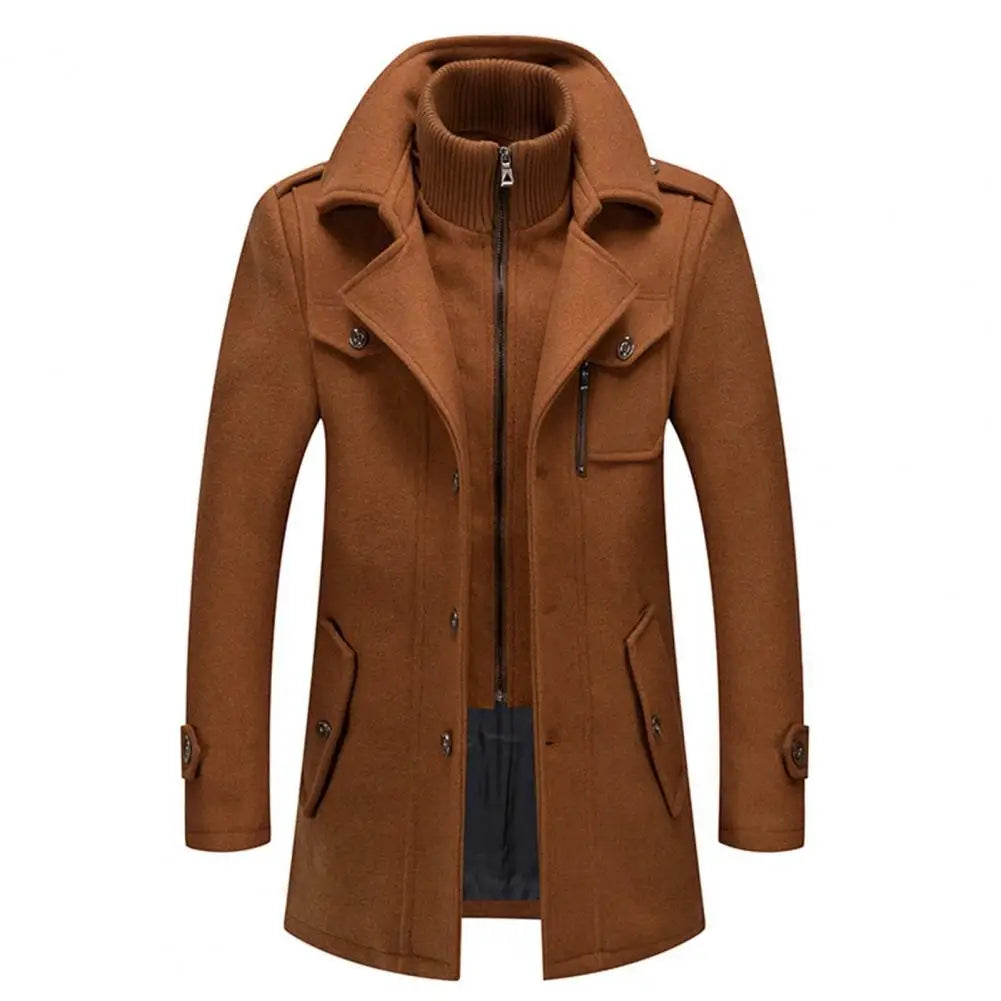 Stylish  Coat Temperament Zipper Buttons Coat Solid Color Autumn Winter Men Jacket for Business