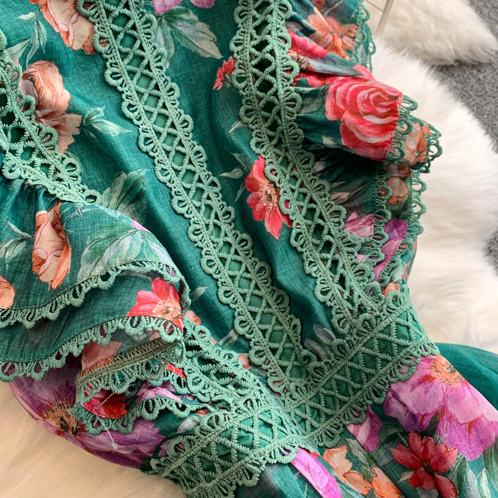 Ele Lace Splice Waist Cinching Long Dr Korean Sle Print Blouse Svel Midi Skirt High Waist A-Line Silhouette