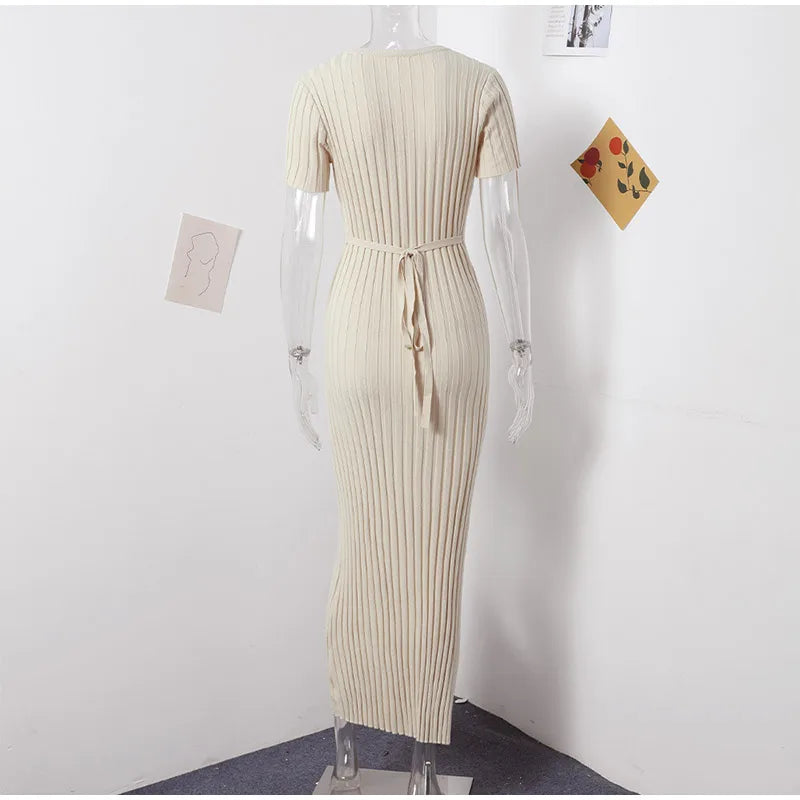 Knitted Women Long Dress Short Sleeve Pleated Lady Dresses 2024 Fashion Autumn Winter Hip Package O Neck Female Vestidos