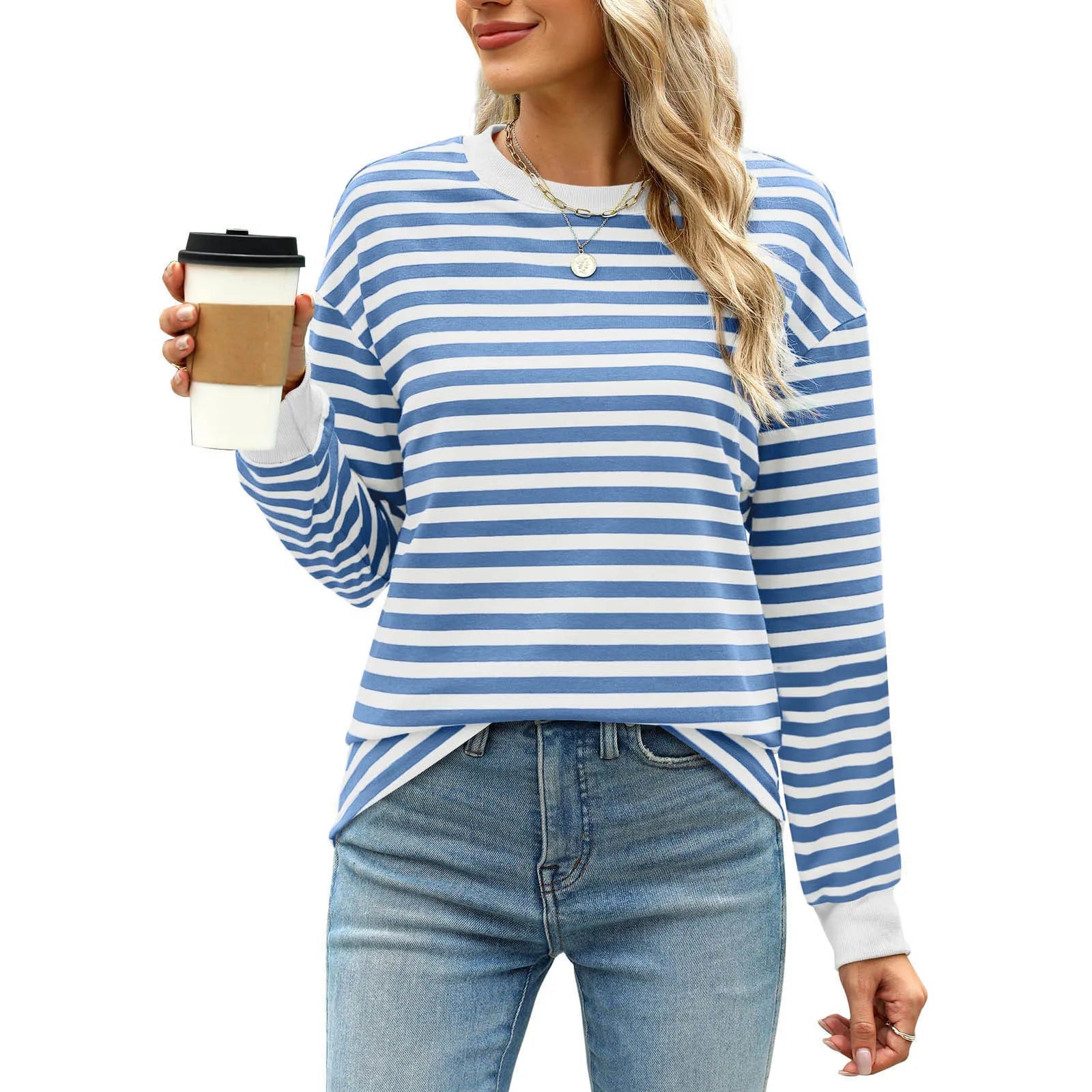Women Casual Top Fashion Contrast Loose Round Neck Long Sleeve Stripe Printed Top Oversized Loose Pullover Autumn Clothes
