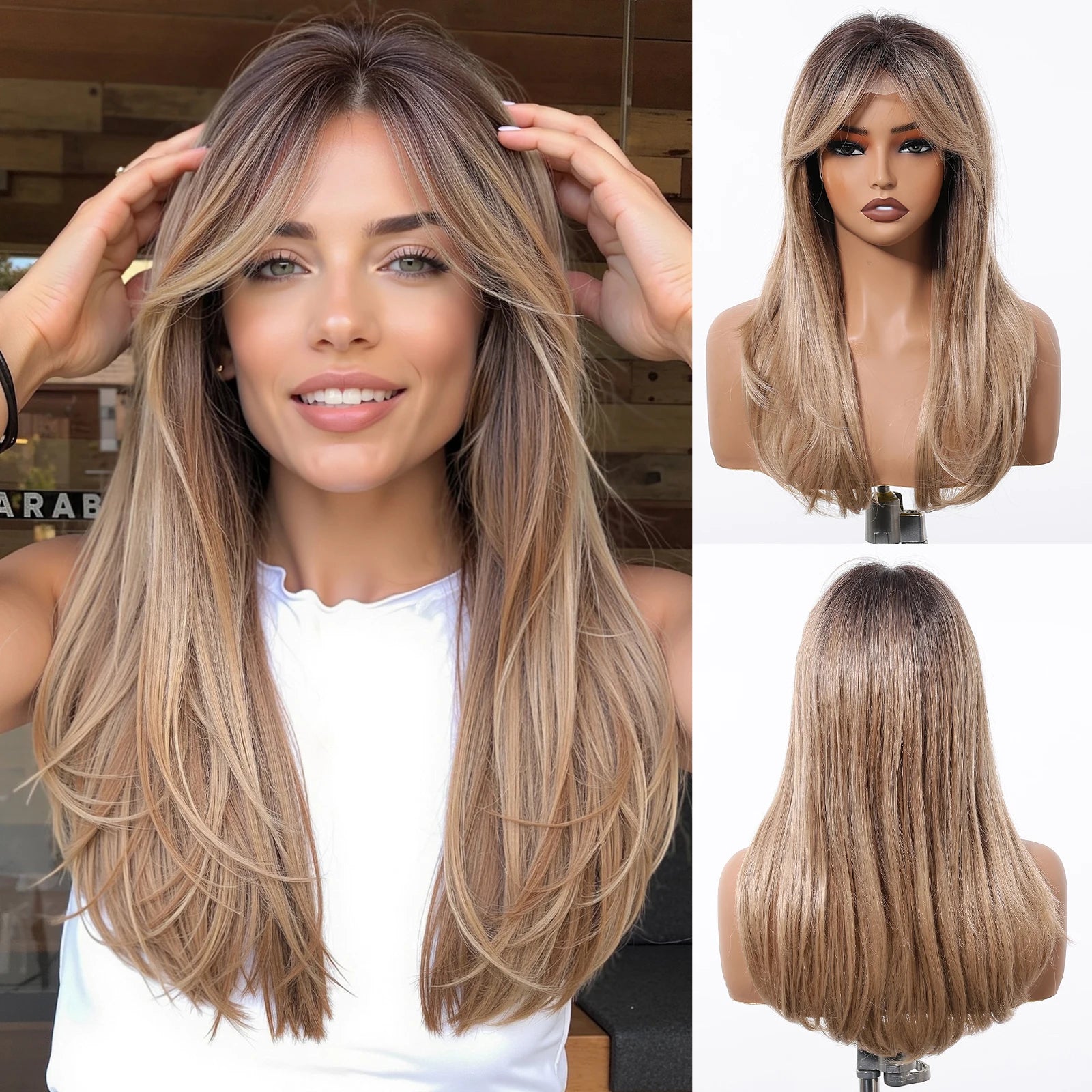 HD 13x6 Lace Frontal Wigs Ombre Brown Synthetic  Hair Long Straight Wigs Daily Use Party Wig for White Women Heat Resistant