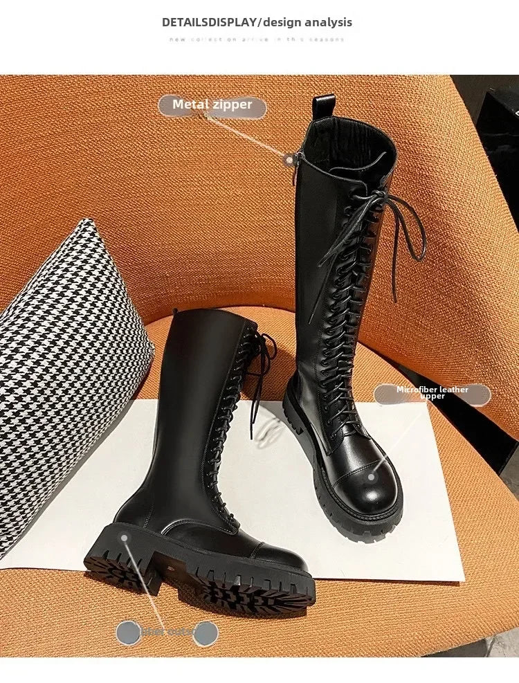 2024 New Women's Long Boots Thick Sole Knight Boots British Style High Non-knee Rubber Upper Material
