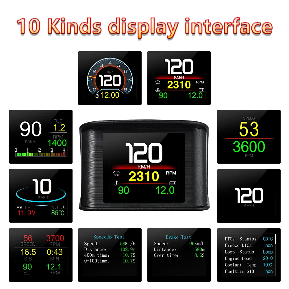 P10 Pro Head Up Display On-board Computer Car Digital OBD2 Mileage OBD Driving Computer Display Speedometer Temperature Gauge