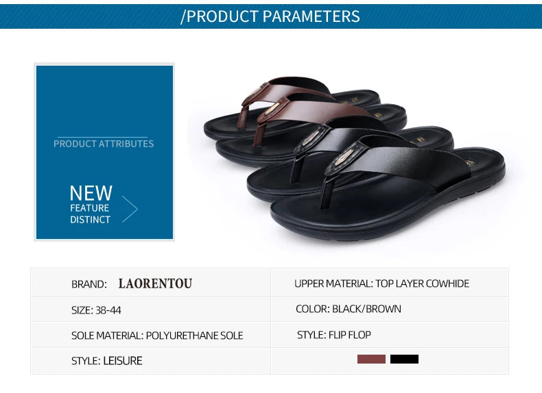 LAORENTOU slippers, men's genuine leather, Korean version, clip on flip flops, men's sandals, cowhide soft sole, anti slip
