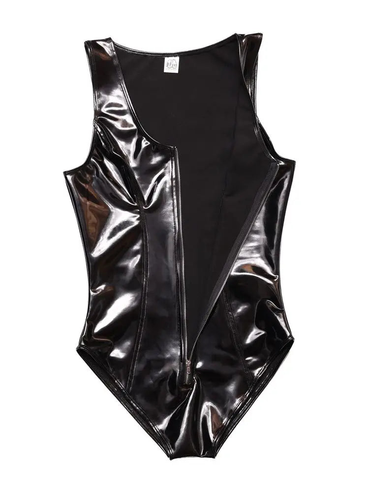 Sleeveless Wet Look PVC Catsuit Shiny PU Leather High Cut Vest Bodysuit Tights Sexy Cosplay Sukumizu Body Tops Clubwear Leotard