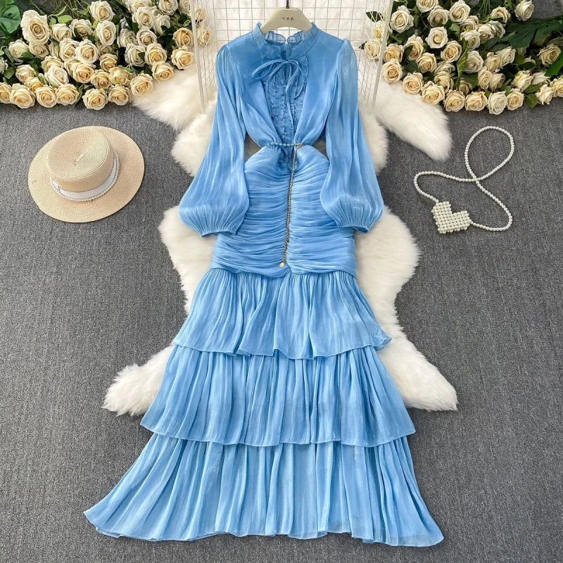 Elegant Lace Splice Mermaid Dress Autumn Clothes Women Lantern Sleeve Bodycon Maxi Long Dresses Evening Party Club Dress Vestido