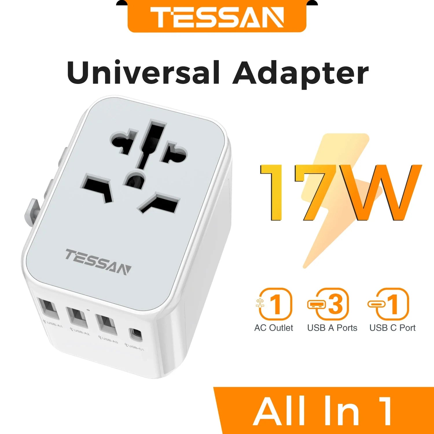 TESSAN Universal Worldwide All in One Charger Travel Power Plug Adapter with USB Type C Charging Ports for USA EU UK AU