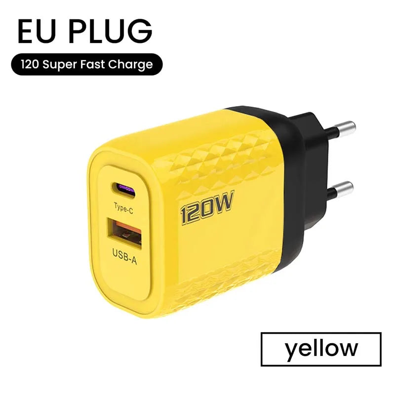 120W Charger USB C Fast Charger For iPhone Xiaomi Samsung Oneplus Phone Adapter 2 Ports QC3.0 Fast Charging PD Charger Adapter