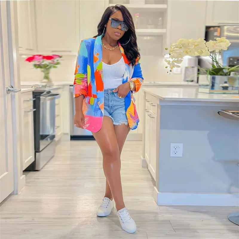 Streetwear Tie Dye Print Blazer Coat for Women Jacket 2023 Elegant Blazers Ladies Outerwear Stylish Y2K Tops Casaco Feminino