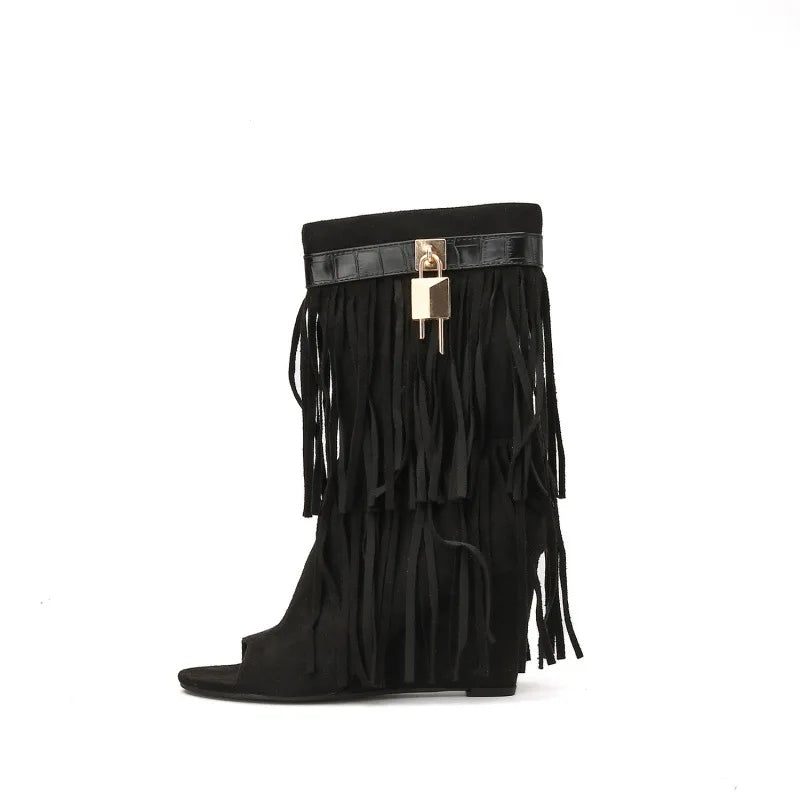 Designer Fringe Wedges Boot Sandals Woman High Heels Open Toe Party Prom Shoes 2025 Sexy Zipper Female Pumps Women Boots