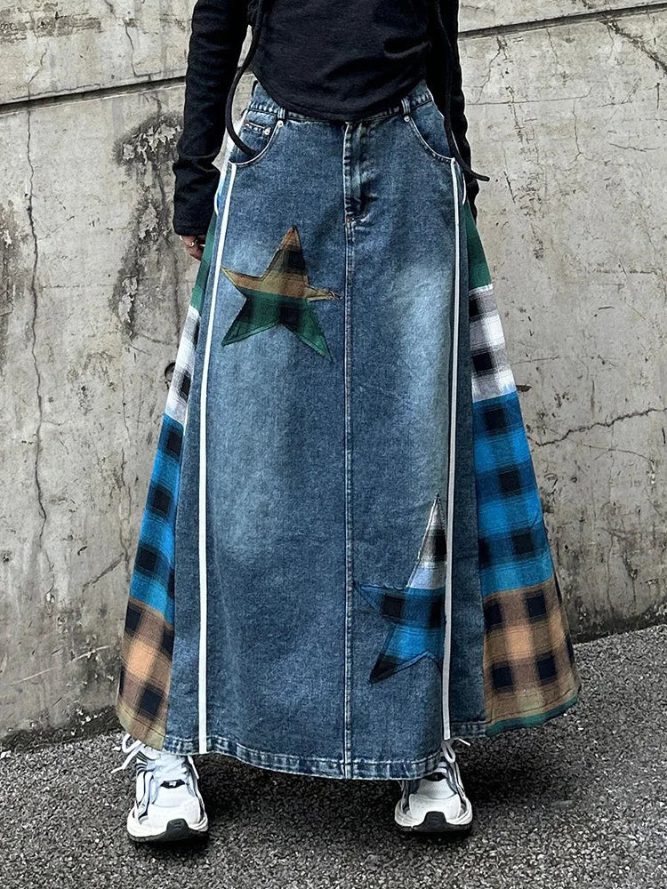 [EAM] High Elastic Waist Blue Back Plaid Denim Long A-line Half-body Skirt Women Fashion Tide New Spring Autumn 2025 1DH8117