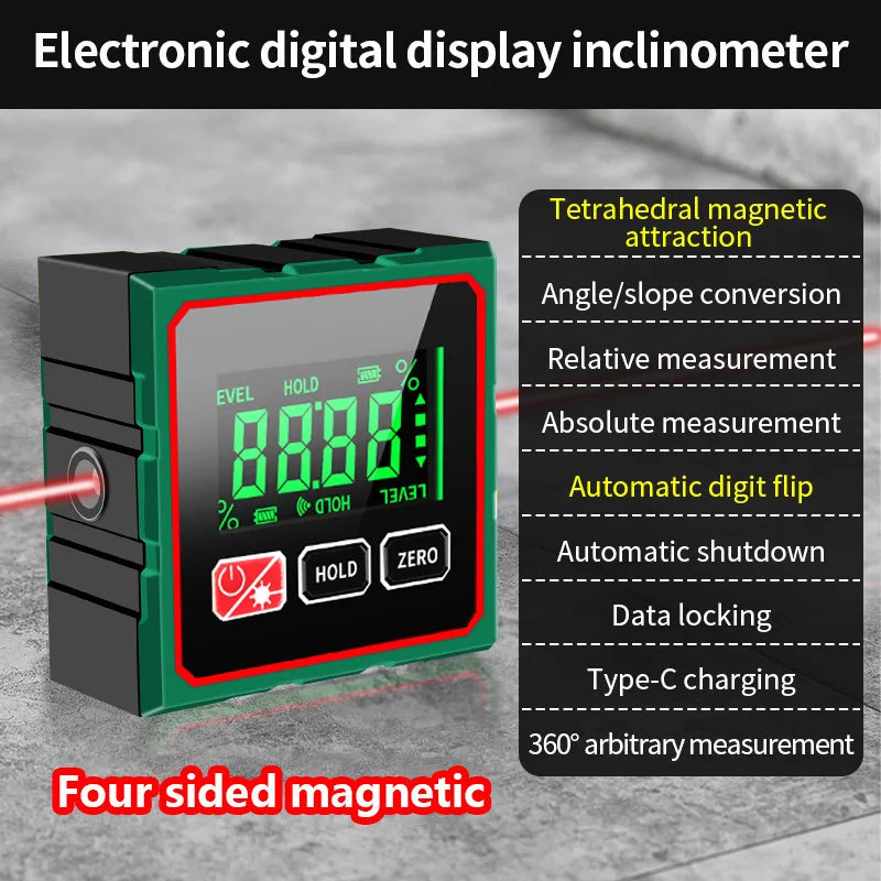 Magnetic Digital Angle Finder with Electronic Laser Gauge Protractor Inclinometer Level Magnets Level Ruler Angle Slope 0-90°