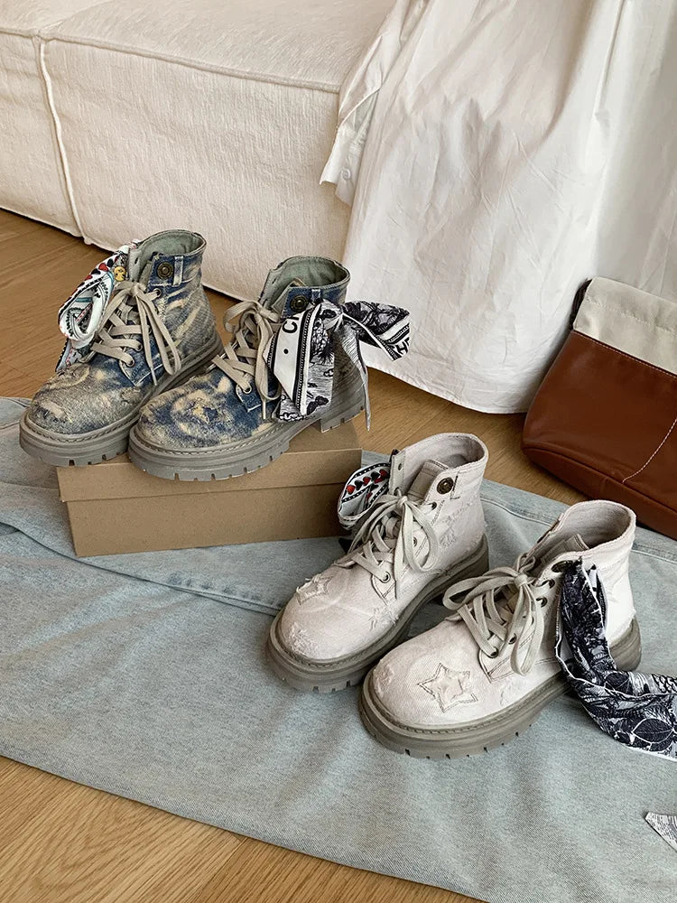 Women's Boots  New Thick Sole Breathable Ribbon Strap Short Boots Anti Slip Lace-up Height Increasing Fashion Boots