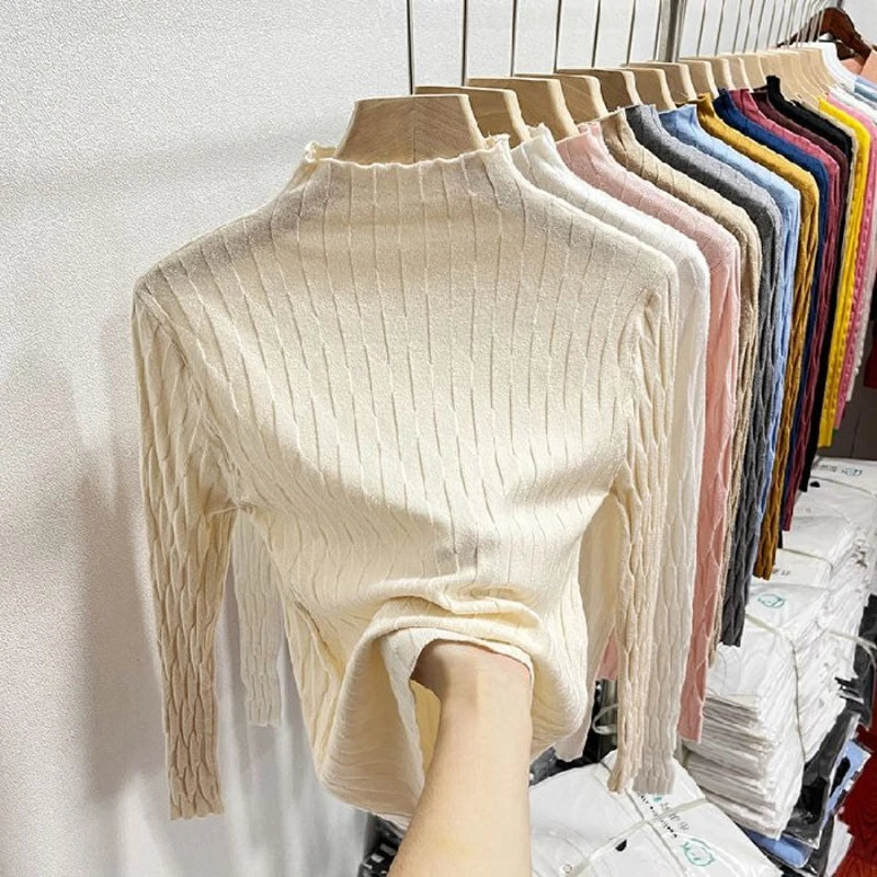 2025 Slim Fit Knitted Base Pullovers Autumn Winter Turtleneck Sweater Women's Solid Long Sleeve Casual Ruched Sweater