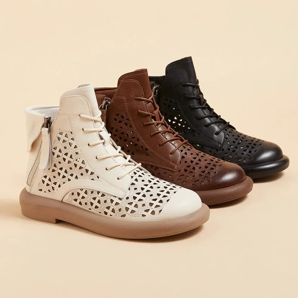 Leather Boots Woman 2025 Retro Leather Hollow Boots for Women Platform-soled Double-side Zipper Casual Short Boots Women's Shoes