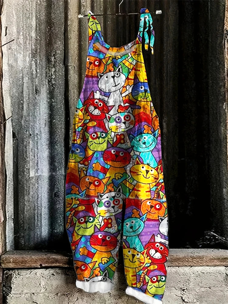 2025 New Spring And Summer Halter Jumpsuit Women's Fun Cat Print Pullover Halter Pants Casual Loose High Waist Jumpsuit