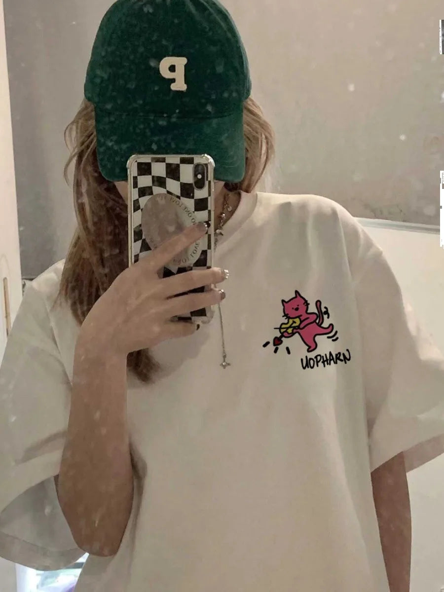 ins Cute Cartoon Print T-shirt Women's Summer 2025 New 100% Cotton Short sleeves American style T-shirt Y2k Top Female clothing