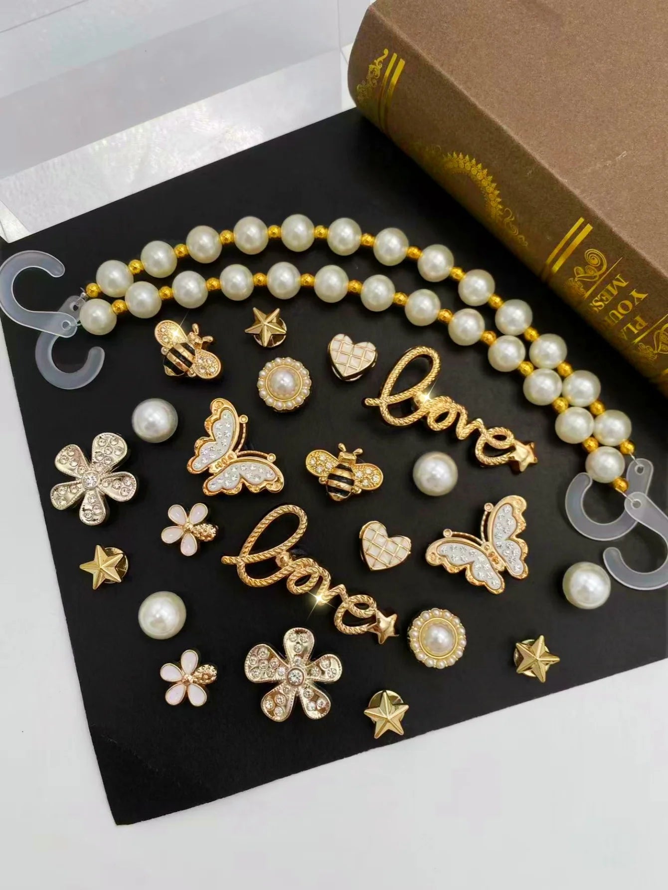 24 pieces of golden fashion (ABS pearl chains, butterflies, stars, flowers, letters, hearts, ABS pearls) ABS resin shoe buckles,