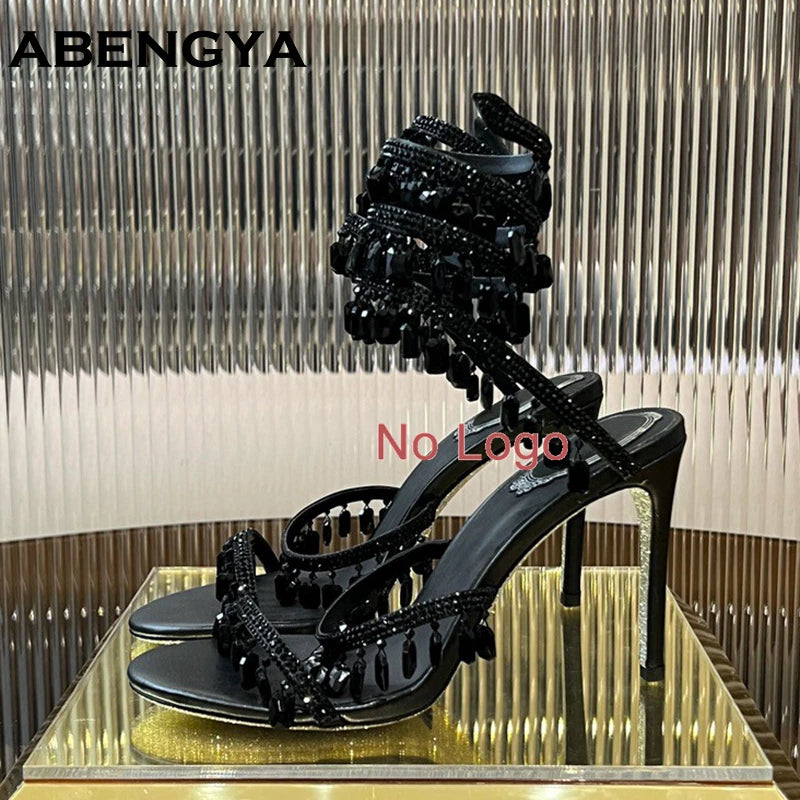 Luxury High Heels Sandals Women Crystal String Bead Snake Twine Around Ankle Strap Wedding Shoes Summer Gladiator Sandals Woman