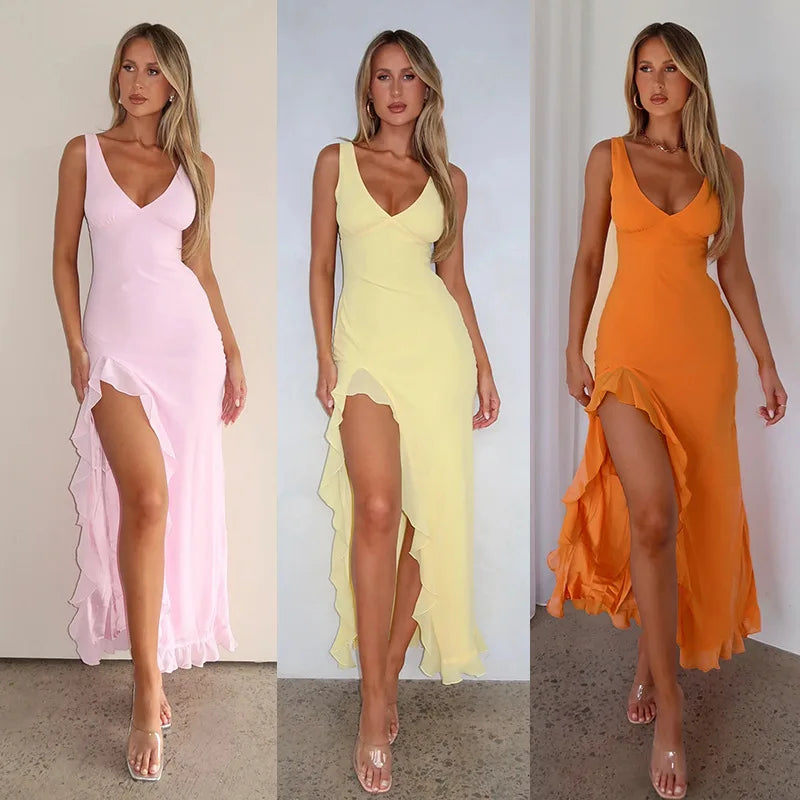 Mozision Elegant Sleeveless Ruffles Sexy Long Dress For Women Summer New Deep V Neck Backless Thigh High Split Maxi Dress