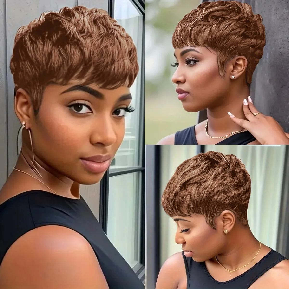 Brazilian Remy Human Hair Pixie Cut Wig Wave Full Machine Made wig Layered Wig Natural Look for Women