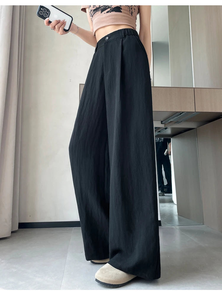 2025 Summer New Cotton and Linen Women's Wide Leg Pants Solid Ice Silk High Waist Straight Casual Loose Suit Trousers Female
