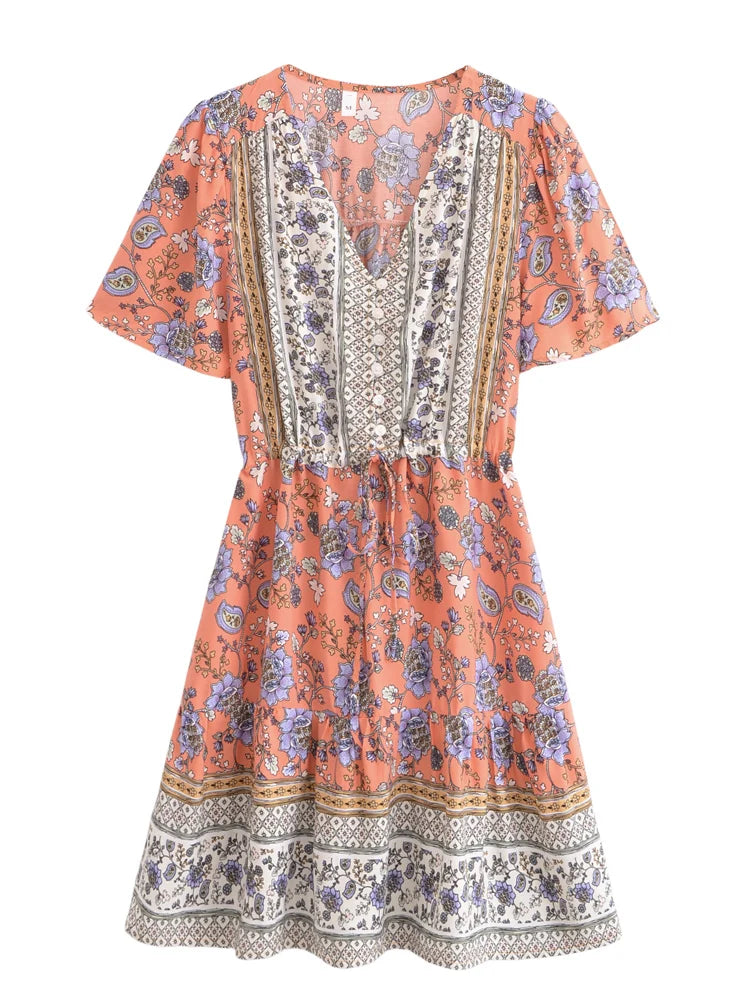 Boho Queens Women Wild Floral Print Deep V-neck Summer Bohemian Mini Dresses Robe Lady Short Sleeve Beach Boho Dress Vestidos