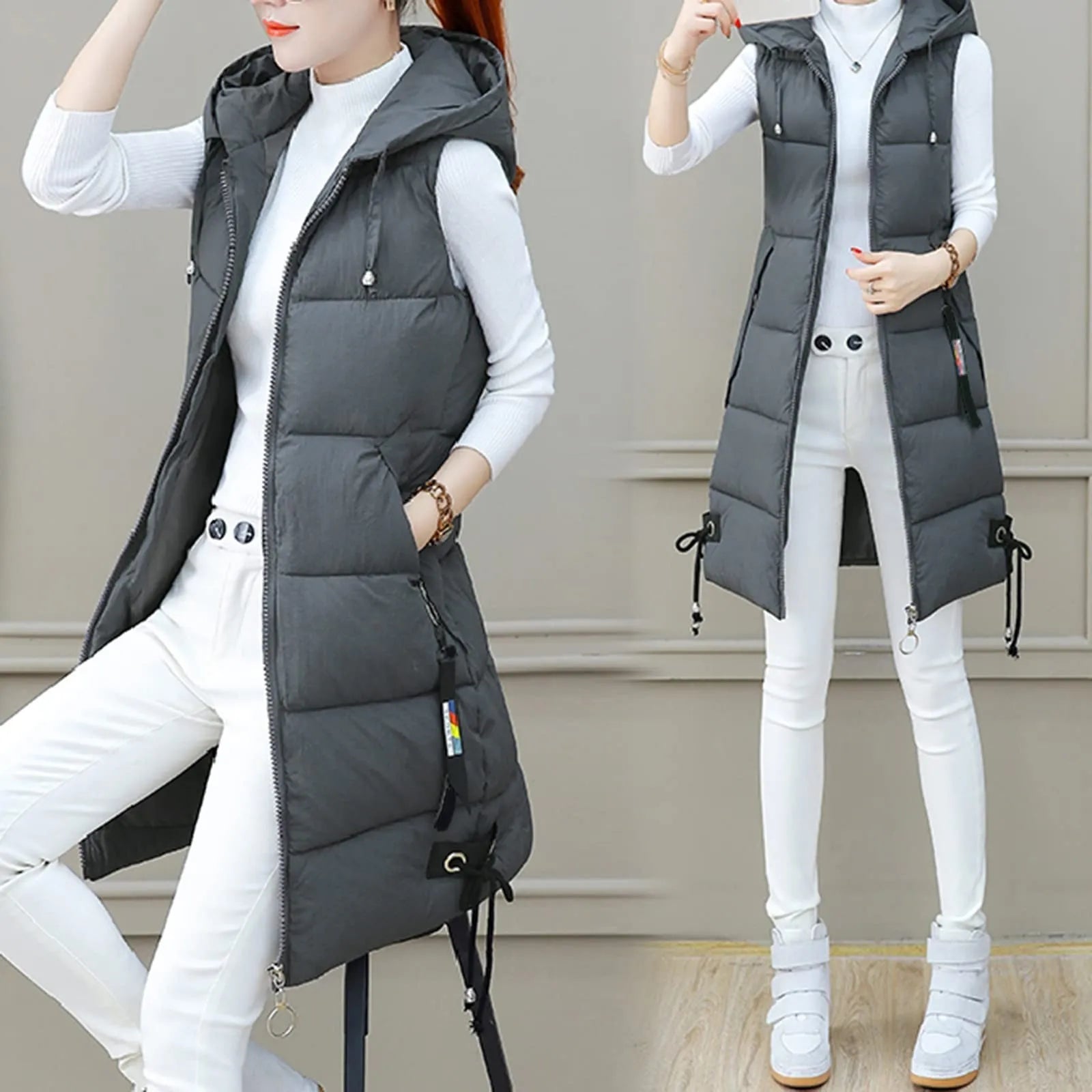 Women'S Autumn And Winter Temperament Sleeveless Cardigan Mid-Length Cotton Vest Vest Coat Abrigos Mujer Invierno Chamarras Muje