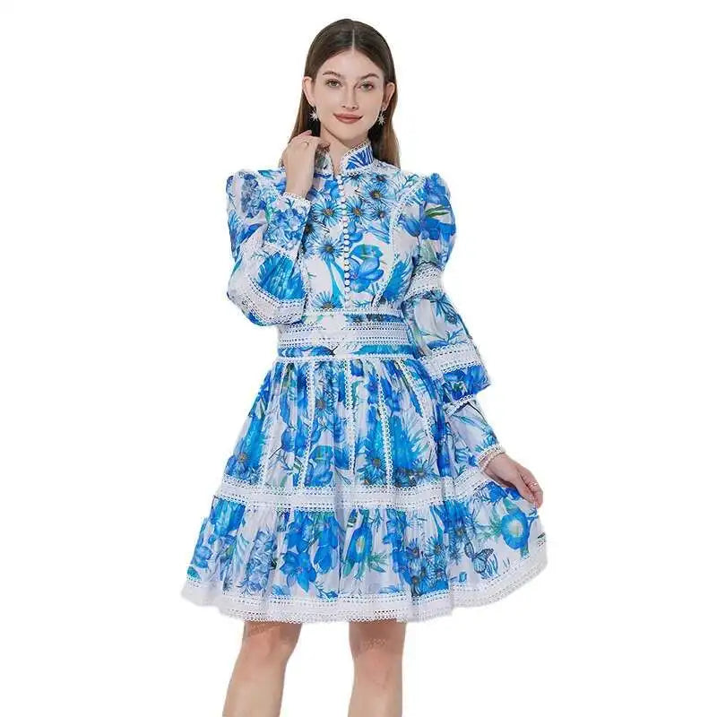 Elegant Long Sleeve Floral Short Dresses Shirt For Women Summer Autumn Holiday Hollow Out Printed Party Dress
