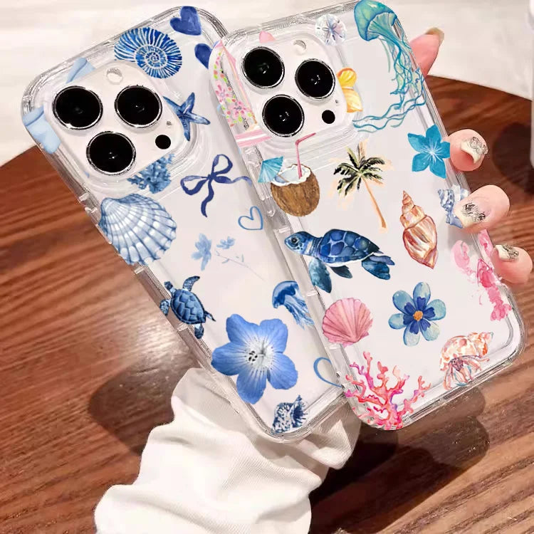 Transparent Turtle Lobster Coconut Print Case For iPhone 16E 16 15 14 13 12 11 Pro Max Mini Soft Covers
