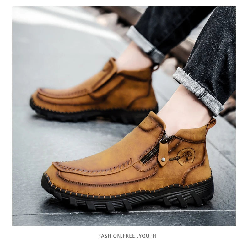 Men Boots Autumn Winter New Handmade High-top Casual Shoes Outdoor Non-slip Hiking Men Shoes Zipper Ankle Boots Plus Size 38-48