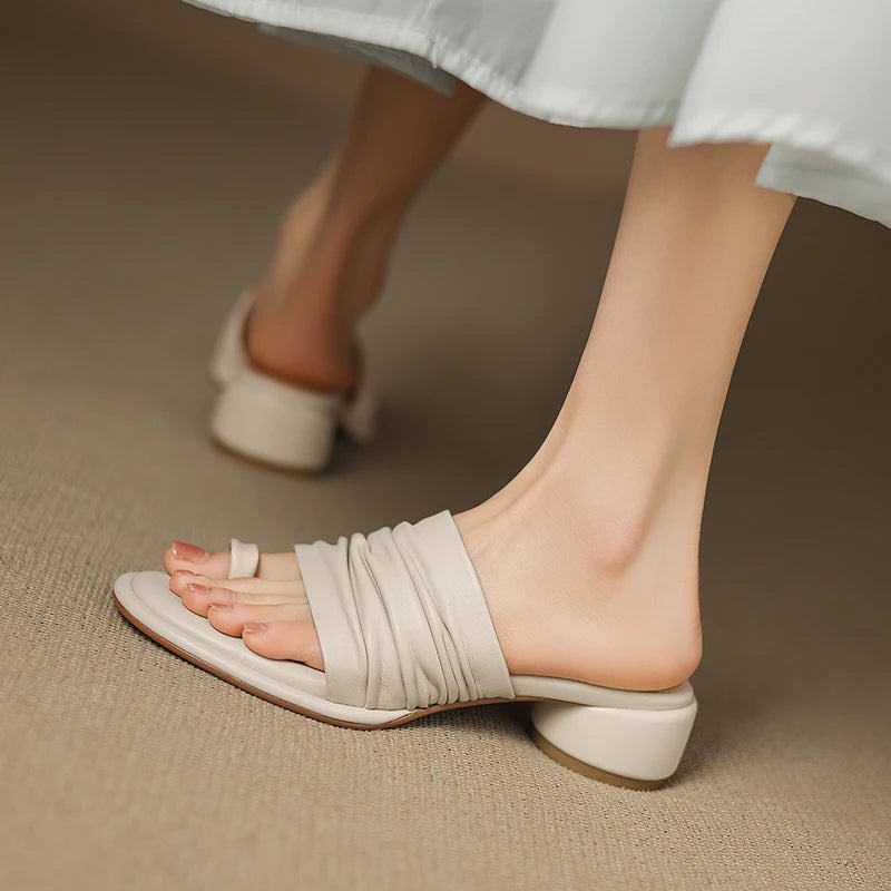 2025 NEW Summer Women Mules Genuine Leather Shoes for Women Open Toe Med Heel Shoes Slippers Pleated Modern Sandals