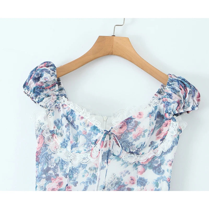 YENKYE Boho Blue Floral Print Mini Dress Women Puff Sleeve Lace Spliced A-line Beach Holiday Summer Dresses 2025 Short Robe