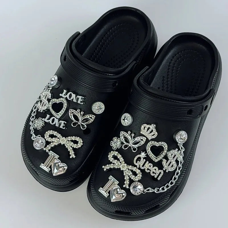 20PCS Fashion Shoe Charms Set Accessories Hole Shoe Buckle Silver Rhinestone Letter Bow Chain DIY Shoes Decorations for Bogg Bag