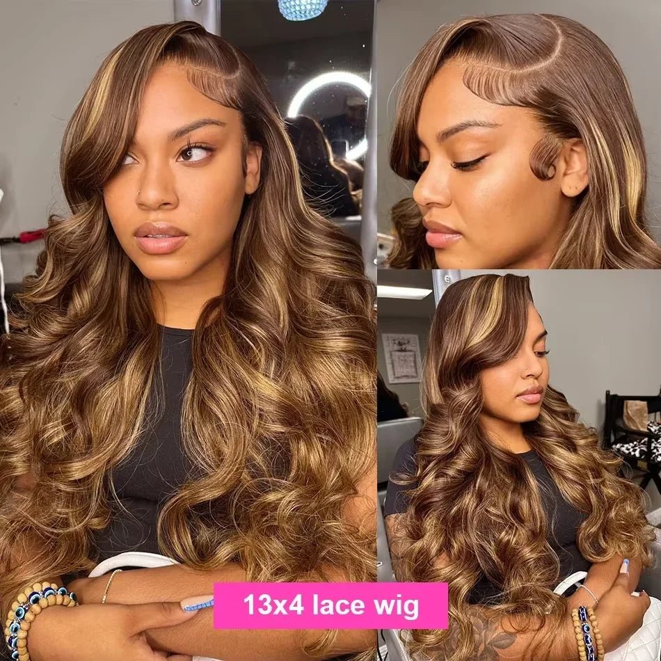13x6 Closure Wig Highlight Ombre Body Wave HD lace front human hair wig for Women P4/27 Blonde Wig Pre Plucked With Baby Hair