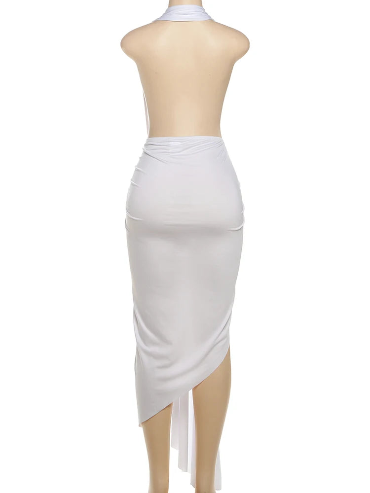 Nibber Irregular Hem Women Maxi Dress High Split Halter Deep V-neck Backless Folds Sexy Midnight Hipster Wild Clubwear Vestidos