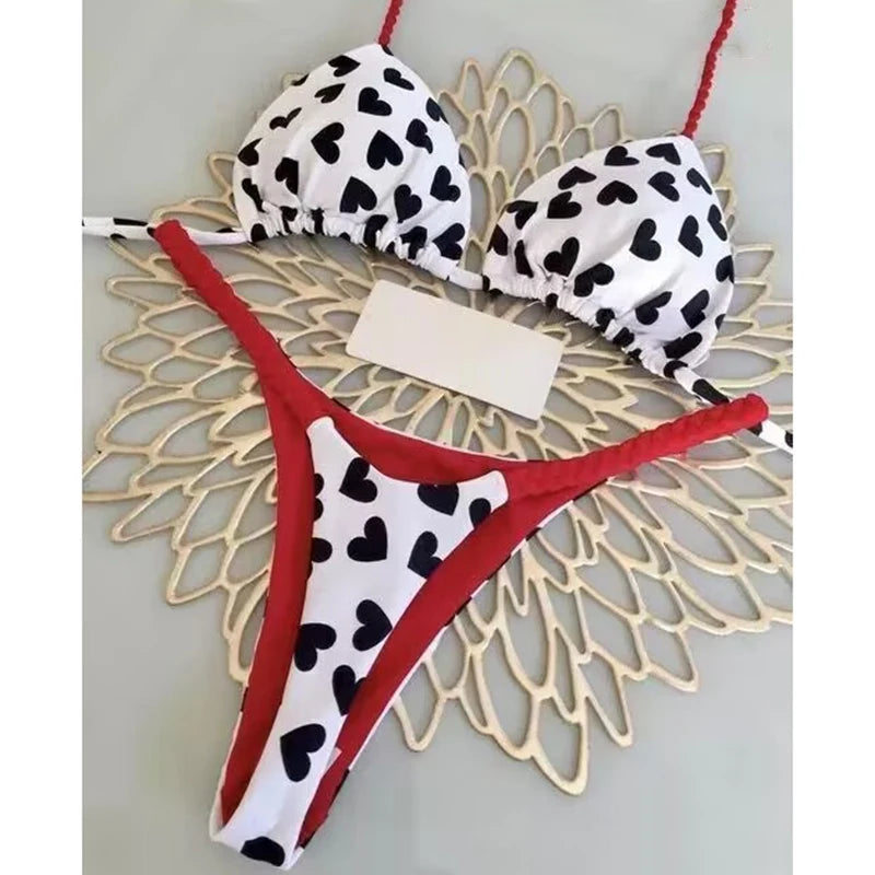 Sexy Bikini Set Bathing Suit Women Vintage Print Halter Lace-up Thongs Bikini Push Up Y2k Fashion Chic Beach Style Sexy Swimsuit