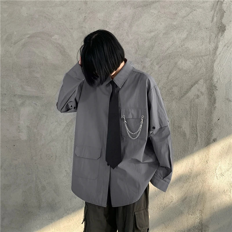 Women's Two-Way Wear Long Sve irt Loose Fit Street Sle Korean Version Retro BF Top  Collar Button up Polyester