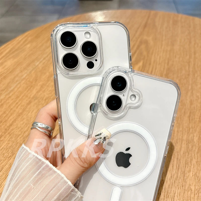 Transparent For Magsafe Magnetic Wireless Charge Case For iphone 11 12 13 14 15 16 17 Pro XS Max XR 16e 17 Air Hard Acryli Cover