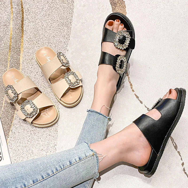 2025 Brand Rhinestone Buckle Sandals Women Double Band Slippers Crystal Shoes Ladies Casual Slides Slip On Flat Heels Flip Flops