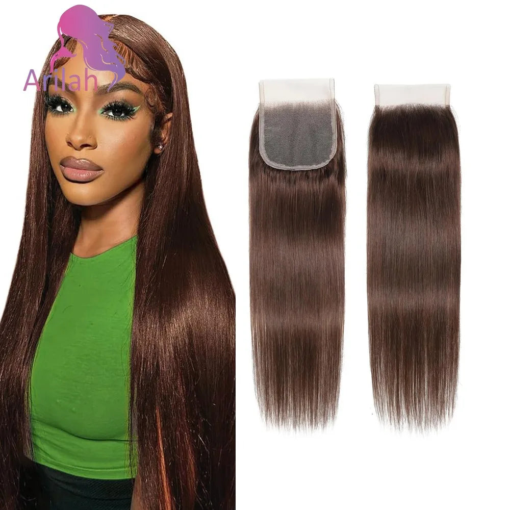 Brown Closure 4x4 Free Part Chocolate Brown #4 Color Straight Wave Closure 100% Human Hair Extensions Pre-plucked Remy 150%