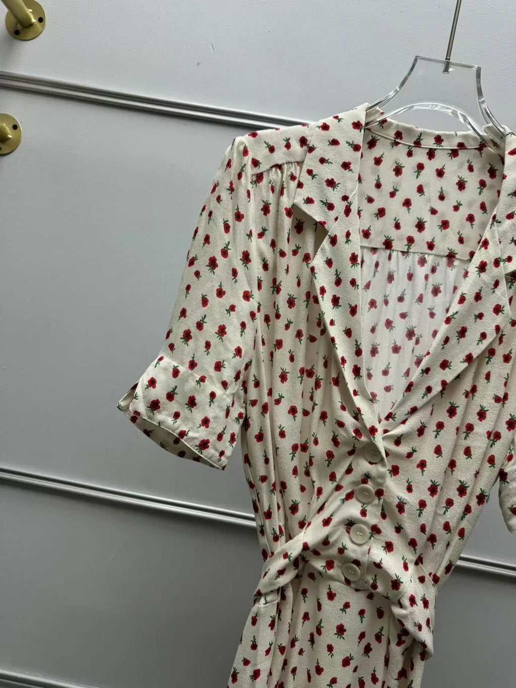 Women's Rose Printed Dress Prairie Chic Spring Summer Lady Short Sleeve Turn-Down Collar Waist Lace-Up Robe