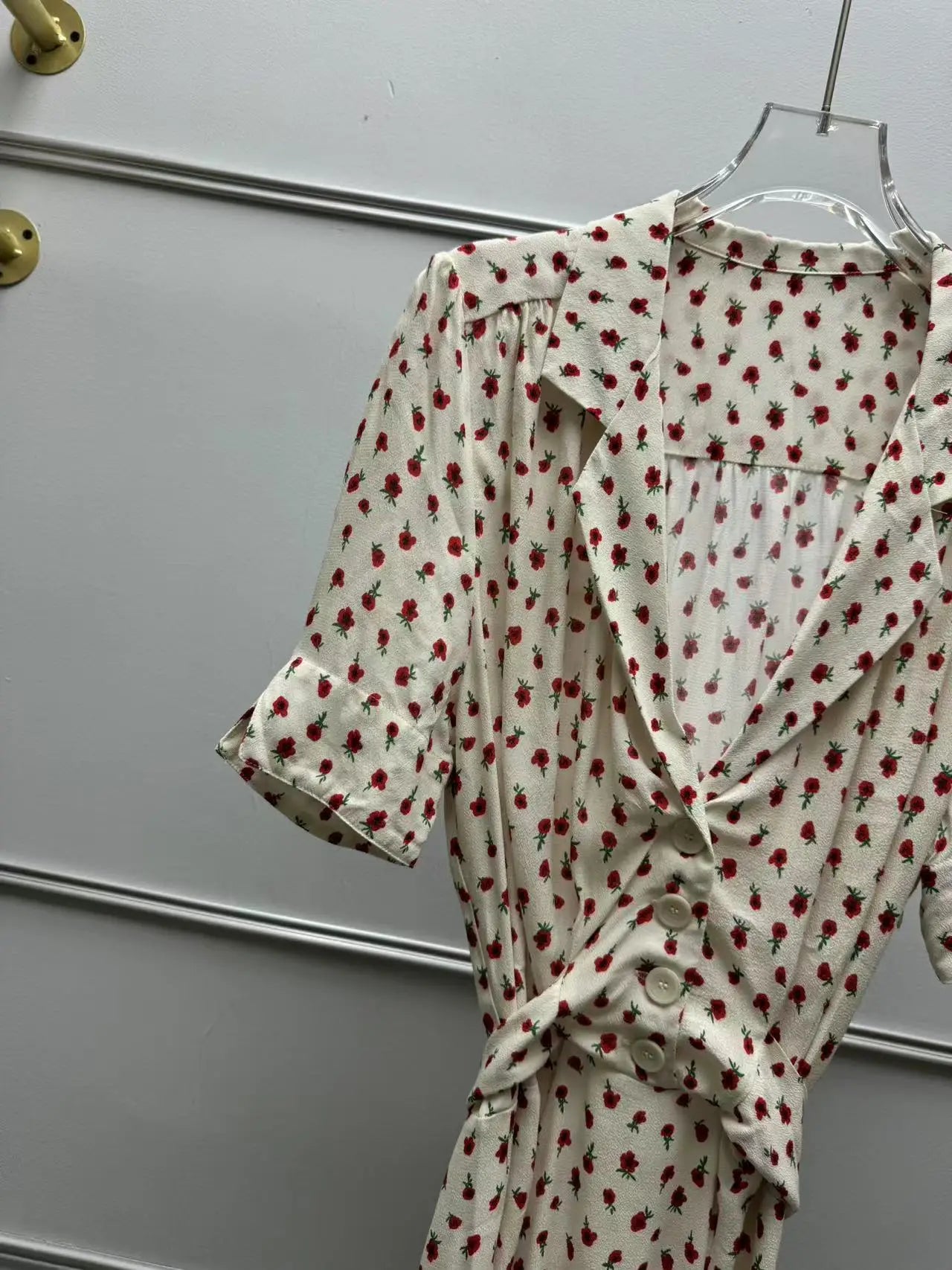 Women's Rose Printed Dress Prairie Chic Spring Summer Lady Short Sleeve Turn-Down Collar Waist Lace-Up Robe