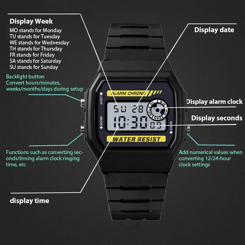 Fashion Simple Sport Electronic Watch LED Digital Multi-function Watches Waterproof PU Strap Alarm Clock Gift For Women/Men