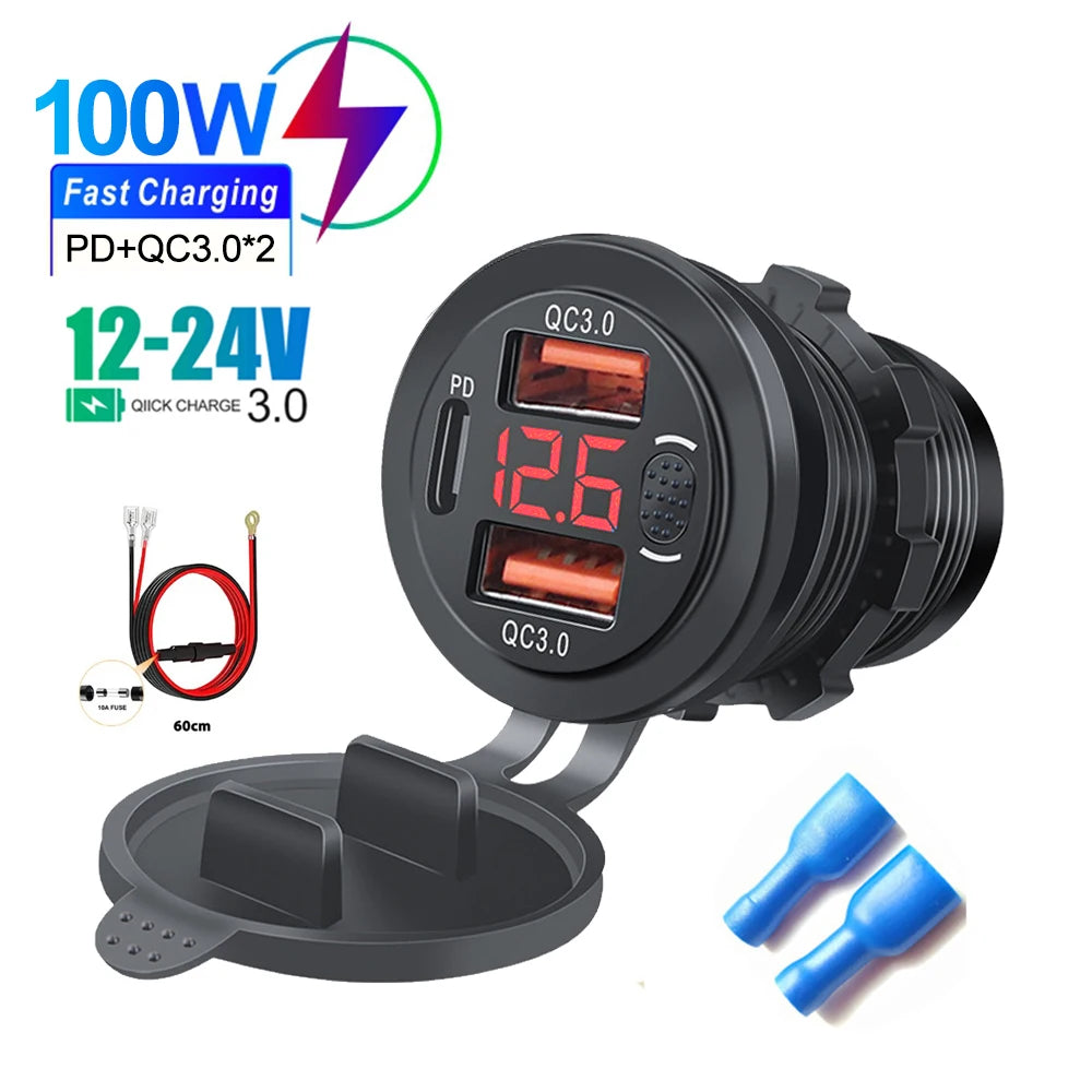 100W USB Outlet Car Charger Dual QC3.0 & PD 3 Ports USB C Socket with Voltmeter Touch Switch for Car Boat Marine Truck RV