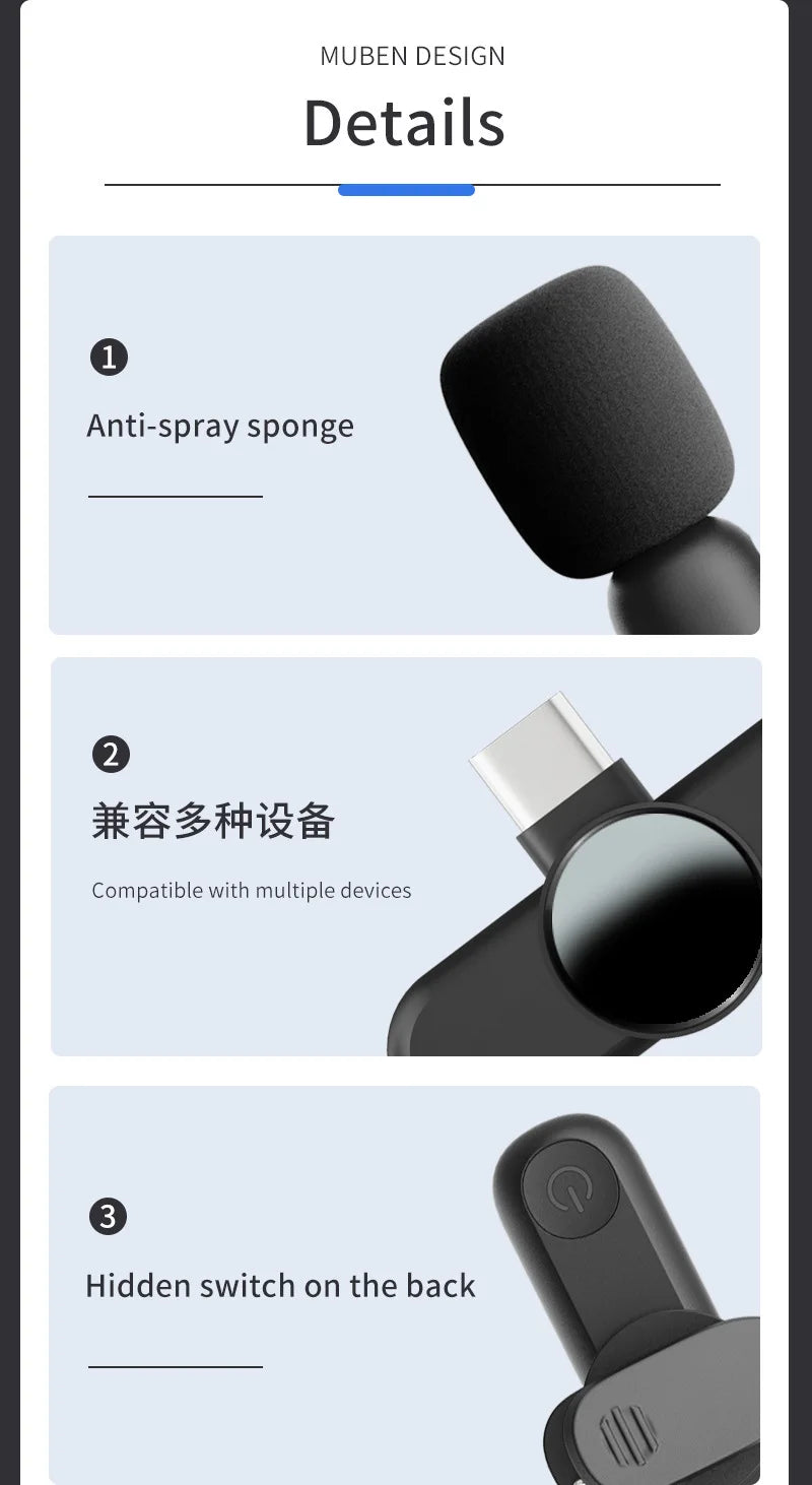 Wireless Lavalier Microphone Mini Portable Smart Noise Reduction Video Recording Microphone for iPhone Android Lapel Mic