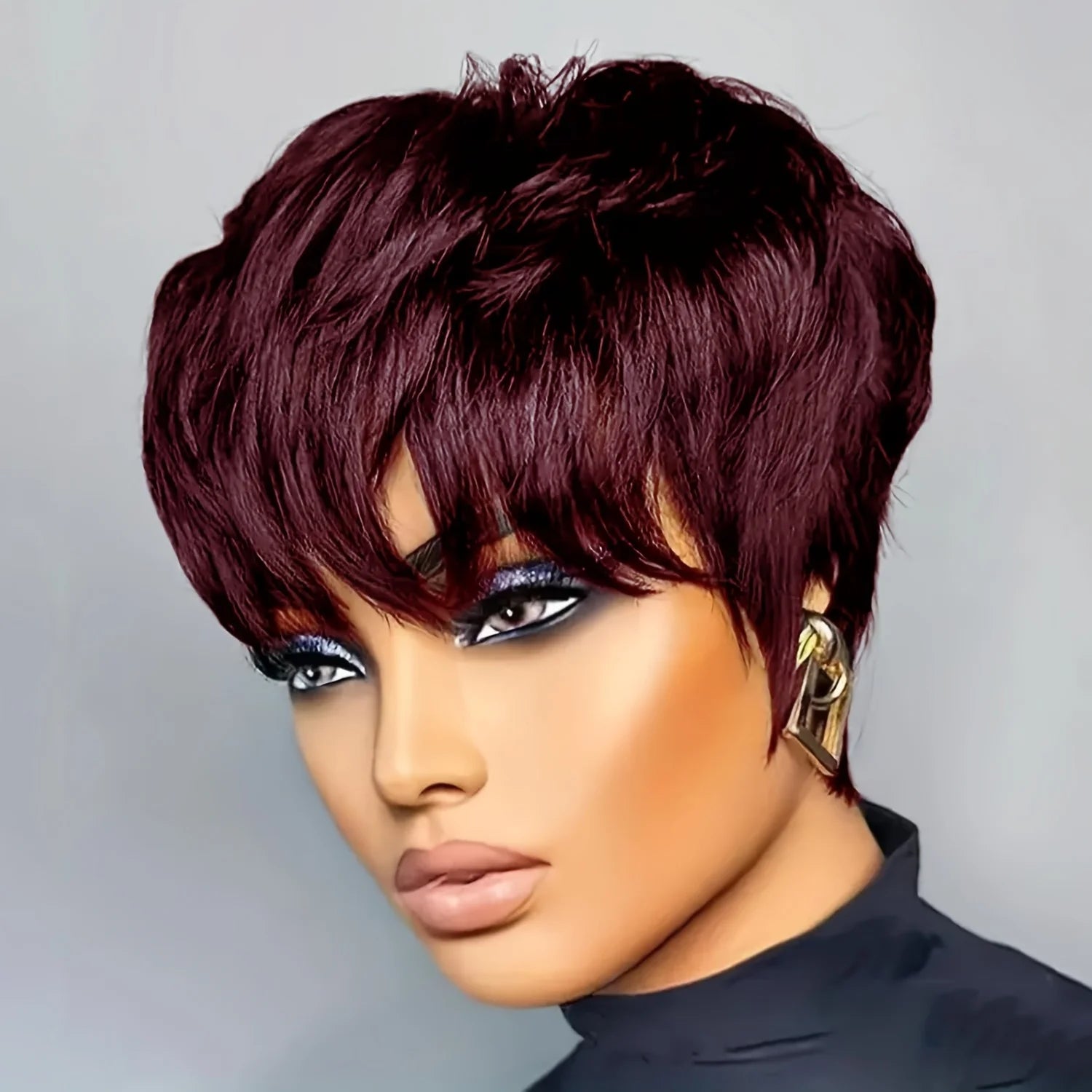 Short Pixie Cut Wig Human Hair Chocolate Brown Black 99J Burgundy Red Colored with Bangs Full Machine Made Layered Wig for Daily